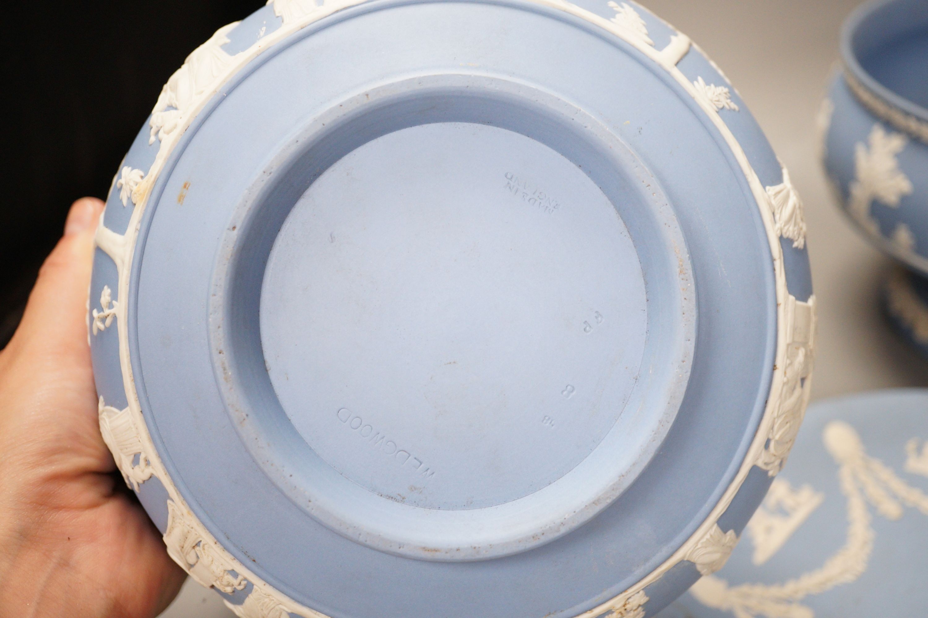 A Wedgwood blue jasper dish, bowl and footed bowl